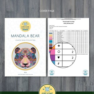 Puede incluir: Un patr&oacute;n de punto de cruz contado con un oso mandala. El patr&oacute;n est&aacute; en un c&iacute;rculo e incluye una variedad de colores, incluyendo rosa, morado, azul, verde y naranja. El patr&oacute;n est&aacute; etiquetado como "#166 Mandala Bear" y est&aacute; disponible para descargar.