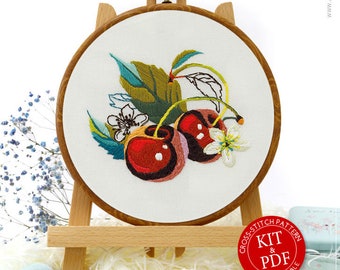 Kirschen und Blumen Stickpackung und Anleitung - Moderne gestickte Kunst, perfektes Geschenk für Sie