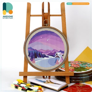 Purple Winter Scene Cross Stitch Pattern and Kit: Modern Cross Stitch Needlework Art for Cozy Hand Embroidery Enthusiasts, CS511