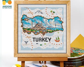 Hagia Sophia, Turkey, Istanbul Map Cross Stitch Pattern and Kit - Modern Needlework Art PDF Pattern and Hand Embroidery Sampler, CS2580