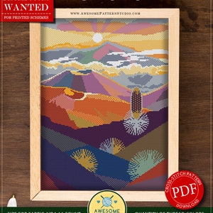May include: Counted cross stitch pattern for instant download, titled "Haleakala National Park". The pattern features a sunset over a mountain range with a corn stalk in the foreground. The pattern is 150 x 200 stitches and uses 18 colors.