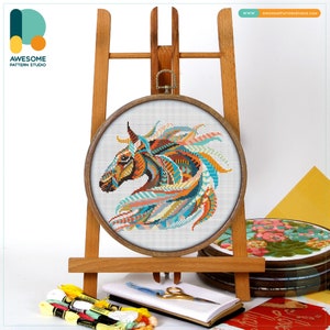 Mandala Horse Cross Stitch Kit and Pattern - Modern Cross Stitch Art and PDF Pattern for Needlework Enthusiasts, CS204