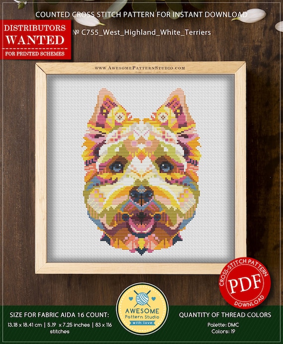 Digital Download PDF Cross Stitch Chart Colourful Westie Terrier no 4