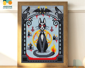 May include: A black cat with red eyes sits in a pentagram surrounded by candles and dripping blood. The cat is in front of a gothic archway with bats and birds. The background is a light blue colour.