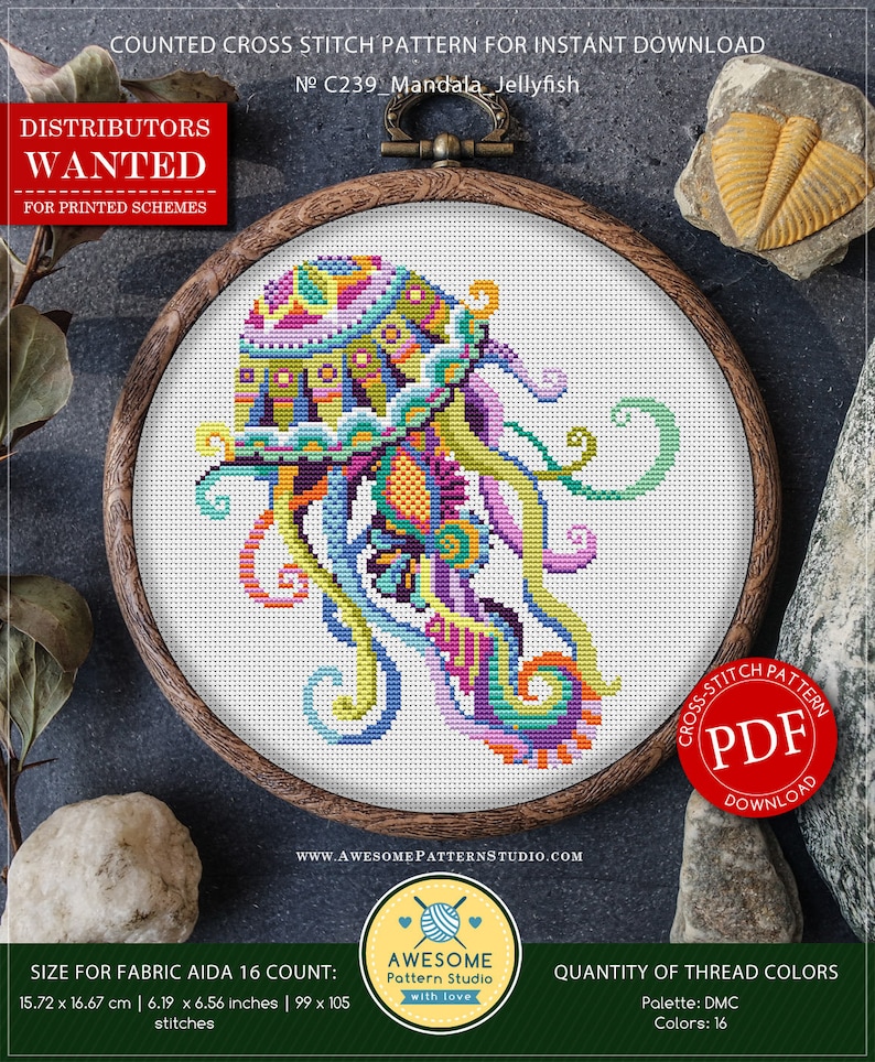 May include: A colorful cross stitch pattern of a mandala jellyfish, framed in a wooden hoop. The pattern is available as a PDF download. The pattern is 99 stitches wide by 105 stitches tall and uses 16 colors of DMC thread.