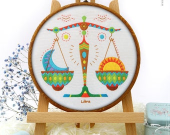 Libra Zodiac Sign Embroidery Kit and Pattern: Modern Embroidery Art for Boho Decor and Adult Crafts