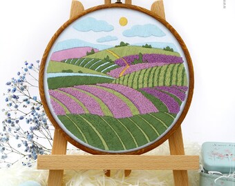 Lavender Fields Landscape Embroidery Kit and Pattern - 3D Embroidery Art for Boho Decor or Custom Embroidery Gift