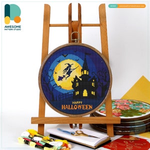 Witch and Haunted House Cross Stitch Pattern and Kit - Modern Needlework Art and Embroidery Sampler, CS1101