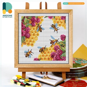 Bees and Honeycomb Cross Stitch Pattern and Kit - Modern Needlework Art with PDF Pattern and Hand Embroidery Sampler, CS2607