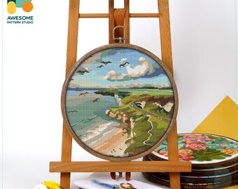 Portrush Cliffs, Ireland Cross Stitch Pattern and Kit - Modern Cross Stitch for Needlework Art Enthusiasts, CS1350
