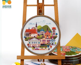 Baden-Baden, Germany, Europe Cross Stitch Pattern and Kit - Modern Needlework Art with PDF Pattern and Hand Embroidery Elements, CS192