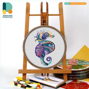Mandala Seahorse Cross Stitch Pattern and Kit: Modern Cross Stitch Needlework Art, CS472