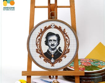 Edgar Allan Poe Portrait Cross Stitch Pattern and Kit - Modern Needlework Art Embroidery Sampler, CS1983