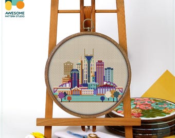 Nashville, USA, America Cross Stitch Pattern and Kit - Modern Cross Stitch and Embroidery Sampler for Hand Embroidery Enthusiasts, CS098