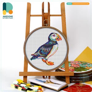 Atlantic Puffin Cross Stitch Pattern and Kit  Modern Needlework Art for Hoop Embroidery Enthusiasts, CS1332