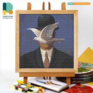 Man in a Bowler Hat Rene Magritte Cross Stitch Pattern and Kit - Modern Needlework Art and Embroidery Sampler, CS2323