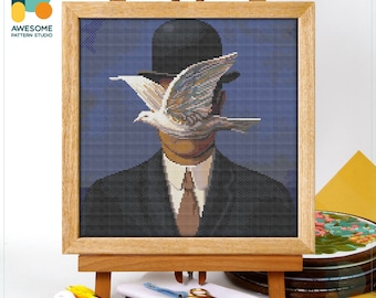 Man in a Bowler Hat Rene Magritte Cross Stitch Pattern and Kit - Modern Needlework Art and Embroidery Sampler, CS2323