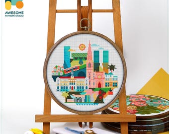 Bilbao, Spain, Europe Cross Stitch Pattern and Kit - Modern Cross Stitch and Needlework Art Embroidery Sampler, CS1797