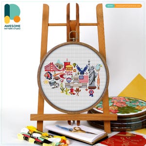 Patrón y kit de punto de cruz USA Icons: Muestrario de punto de cruz moderno con patrón en PDF para bordados únicos, CS837