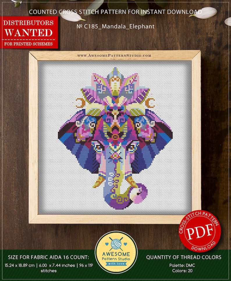 Mandala Elephant P185 Cross Stitch Embroidery PDF Pattern Download Cross Stitch Kits Embroidery Kits Embroidery Designs image 2