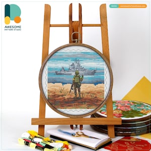Soldier and Warship Cross Stitch Pattern and Kit: Modern Cross Stitch Needlework Art, PDF Pattern, Embroidery Sampler, CS1689