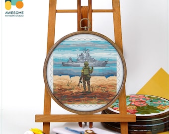 Soldier and Warship Cross Stitch Pattern and Kit: Modern Cross Stitch Needlework Art, PDF Pattern, Embroidery Sampler, CS1689