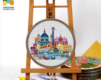 Venice, Italy, Europe Cross Stitch Pattern and Kit: Modern Embroidery Sampler for Needlework Art Enthusiasts, CS148
