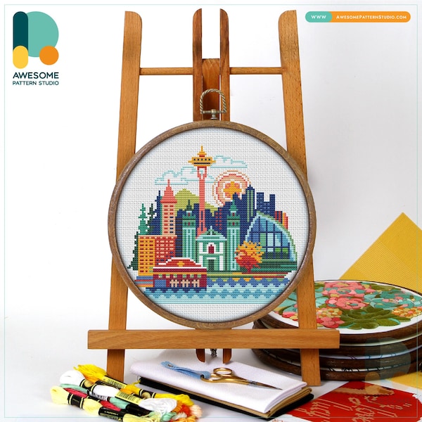 Seattle, USA, America Cross Stitch Pattern and Kit - Modern Needlework Art and Hoop Embroidery Sampler, CS076