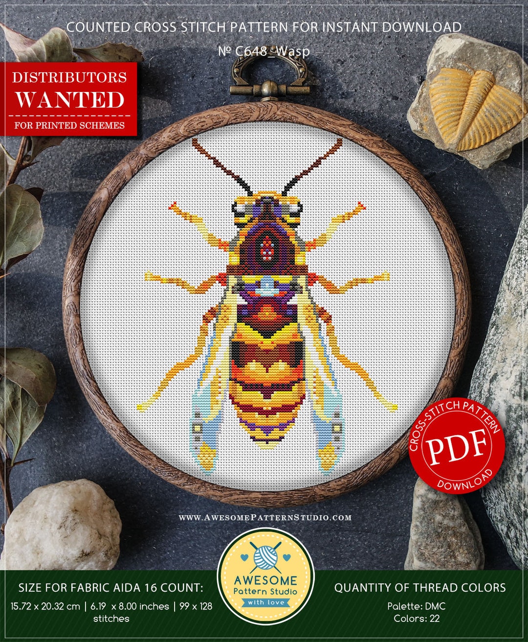 Wasp #P648 Cross Stitch Pattern Cross Stitch Pattern PDF Instant ...