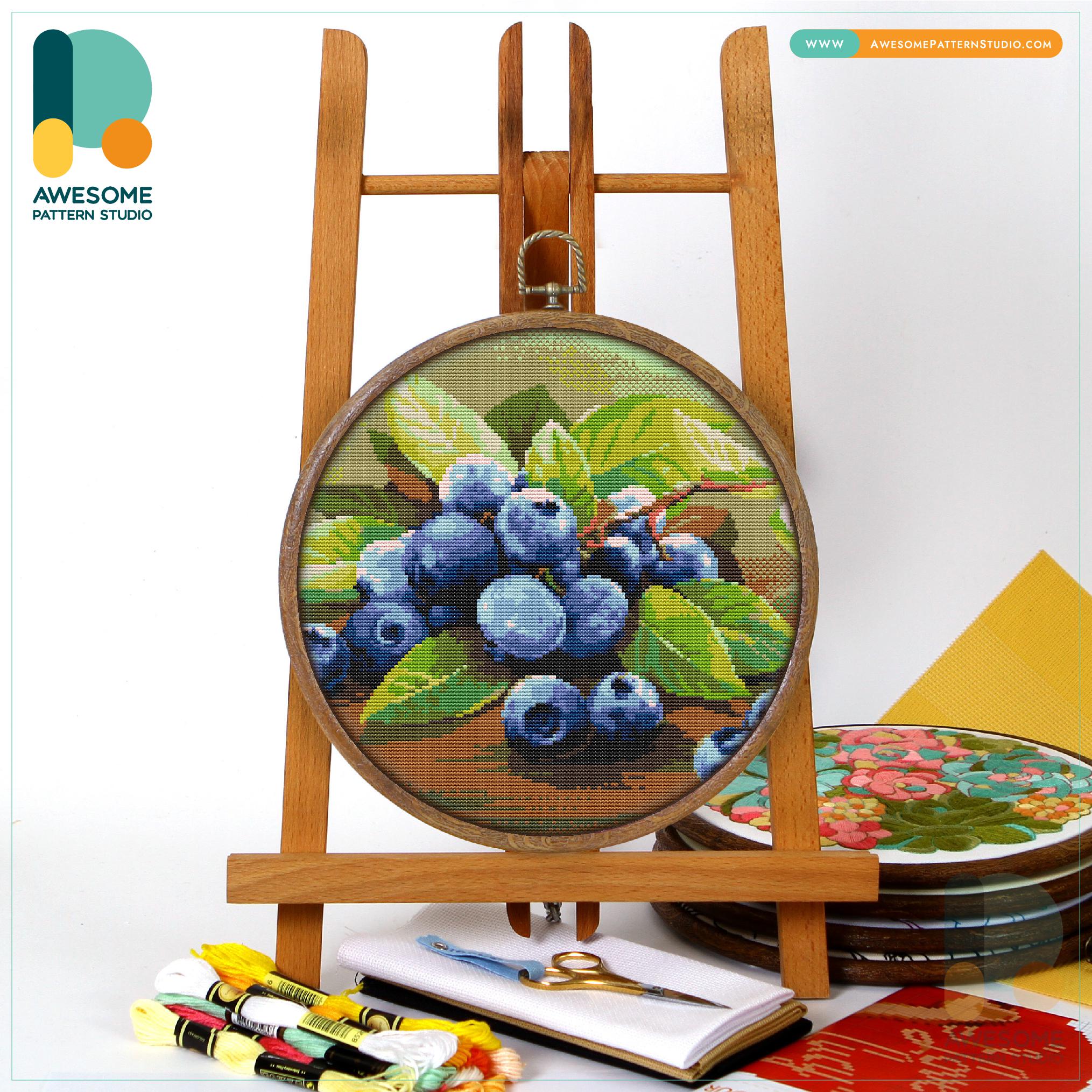 Blueberries Cross Stitch Pattern and Kit: Modern Embroidery