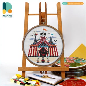 Haunted Circus Tent Cross Stitch Pattern and Kit - Modern Cross Stitch with Hand Embroidery Fun, CS2004