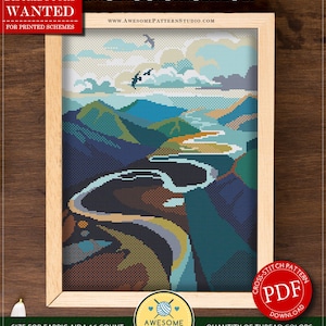 Pode incluir: Padrão de ponto cruz contado para Gates of the Arctic National Park, um download PDF. O padrão apresenta uma paisagem com montanhas, um rio e pássaros em voo. O padrão tem 150 x 200 pontos e requer 17 cores de fio DMC.