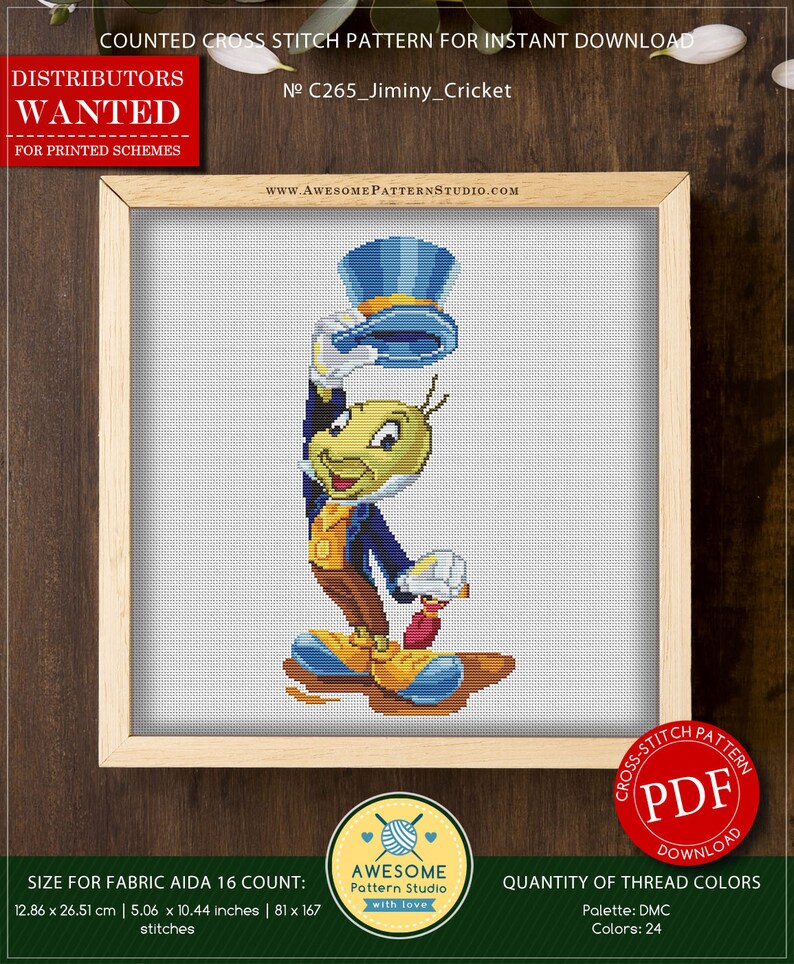 Jiminy Cricket P265 Embroidery Cross Stitch PDF Pattern Etsy