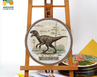 Dinosaur Velociraptor Cross Stitch Pattern & Kit - Modern Needlework Art, Funny Embroidery Sampler, CS3196