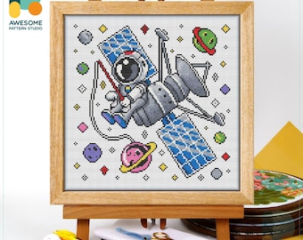 Astronaut Fishing in Space Cross Stitch Pattern and Kit - Modern Needlework Art and Funny Simple Cross Stitch Embroidery Sampler, CS2165