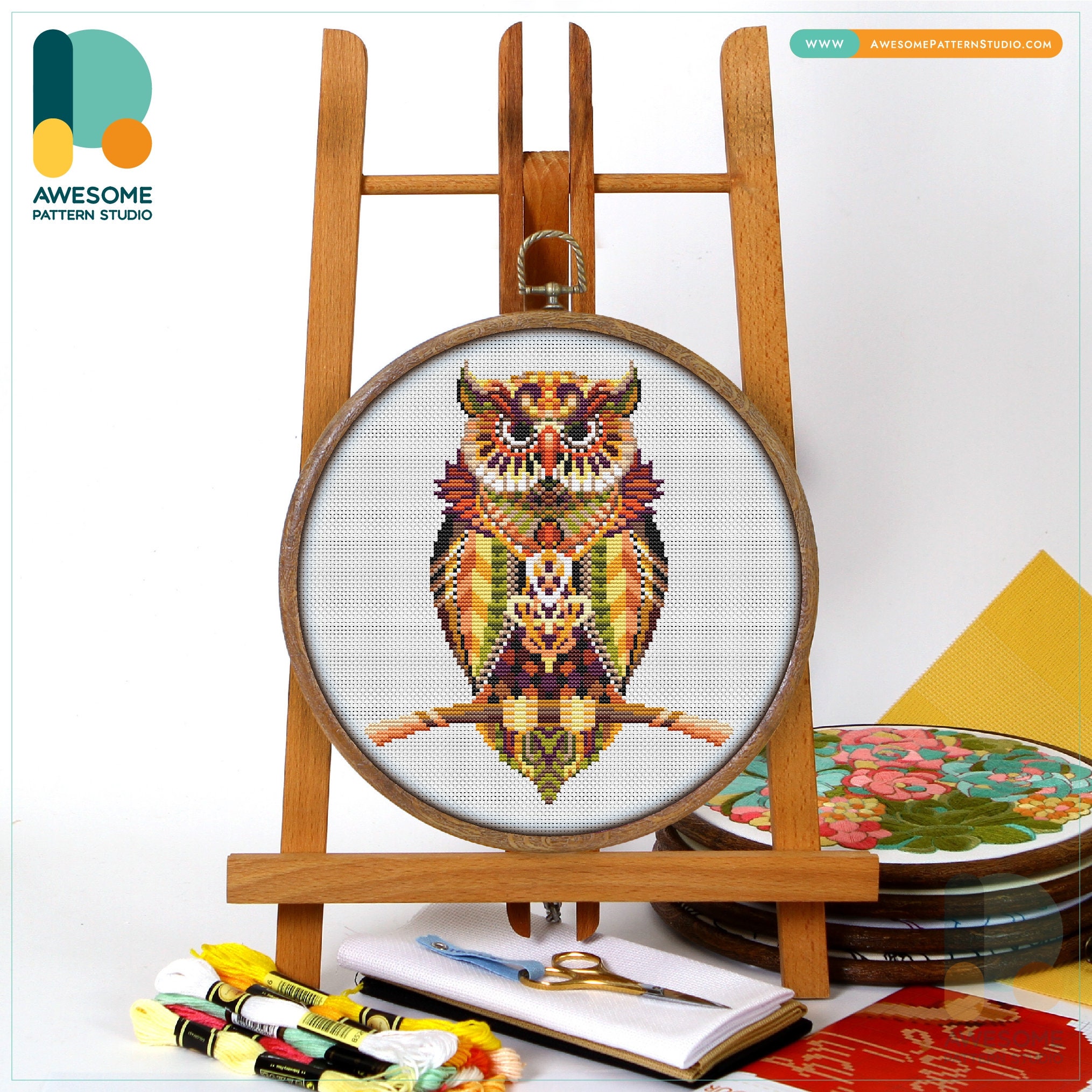 Mandala Owl Cross Stitch Pattern and Kit - Modern Cross Stitch Needlework Art, CS539