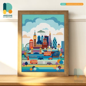 May include: A pixelated illustration of the London skyline, featuring iconic landmarks like Big Ben, the London Eye, and the Houses of Parliament. The cityscape is depicted in a vibrant color palette, with red double-decker buses, a red telephone booth, and green trees.