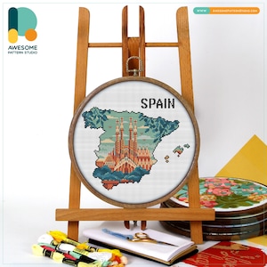 Spain Sagrada Familia Barcelona Map CS2547, Counted Cross Stitch Pattern KIT and PDF | Embroidery Pdf Pattern Download | Cross Stitch Kits