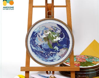 Earth in Hoop Cross Stitch Pattern and Kit - Modern Needlework Art and Simple Embroidery Sampler, CS857