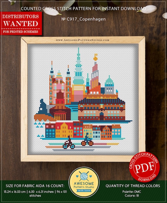 Copenhagen, Denmark #P917 Cross Stitch Pattern Embroidery PDF