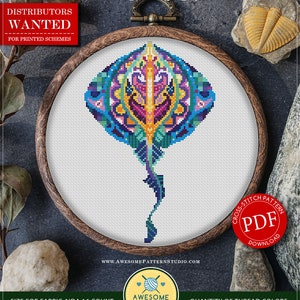 Mandala Bat Ray #P589 Cross Stitch Embroidery Pattern Instant Download | Cross Stitch Kits | Cross Stitch Designs | Cross Stitch Embroidery