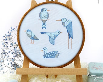 Blue Geometric Birds Embroidery Kit and Pattern – Modern Embroidery Art and Boho Decor for Adult Crafts