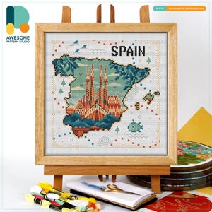 Schema e kit per punto croce della mappa di Barcellona, Spagna - Ricamo artistico moderno, CS2548