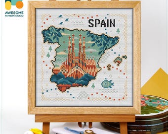 Sagrada Familia, Spain, Barcelona Map Cross Stitch Pattern and Kit - Modern Needlework Art Embroidery Sampler, CS2548