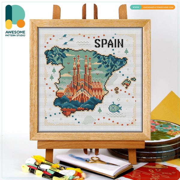 サグラダ・ファミリア、スペイン、バルセロナ地図クロスステッチパターンとキット - モダンニードルワークアート刺繍サンプラー、CS2548