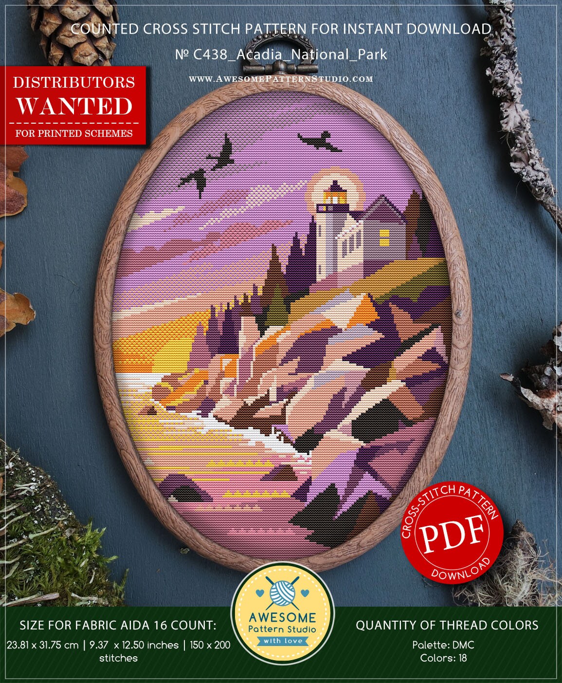 Awesome Pattern Studio Kreuzstich-Set 'Acadia National Park' – Komplett Mit Allem, Was Du Brauchst