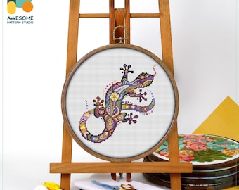 Mandala Lizard Cross Stitch Pattern and Kit - Modern Cross Stitch and Needlework Art for Unique Embroidery Sampler, CS258