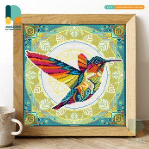May include: A colourful hummingbird with intricate patterns on its wings and body, flying in a circle with a geometric design in the background.