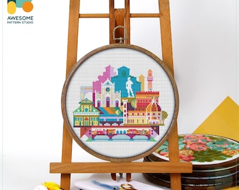 Florence, Italy, Europe Cross Stitch Pattern and Kit - Modern Needlework Art and Embroidery Sampler, CS153