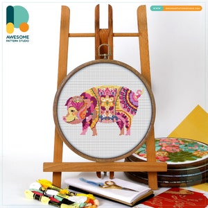 Mandala Pig CS445, Counted Cross Stitch Pattern KIT and PDF | Embroidery | Stitch Patterns | Cross Pattern | Embroidery | Cross Designs